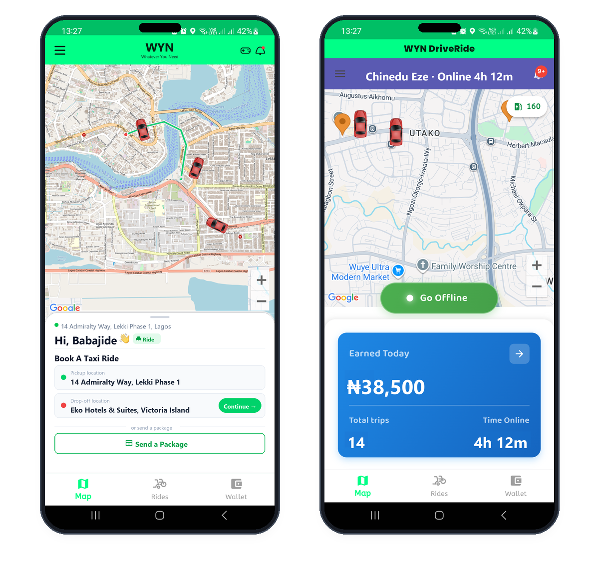WYN mobility apps showing the passenger app in Lagos and driver app in Abuja